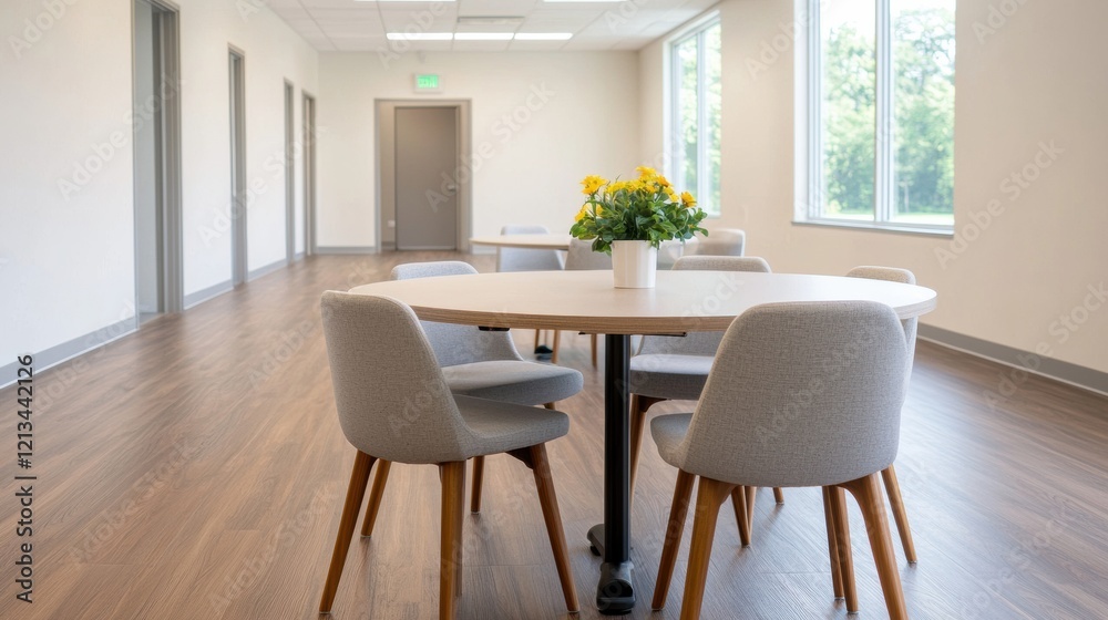 Poster empty round table and chairs in bright and airy workspace with natural light