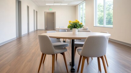 Empty round table and chairs in bright and airy workspace with natural light