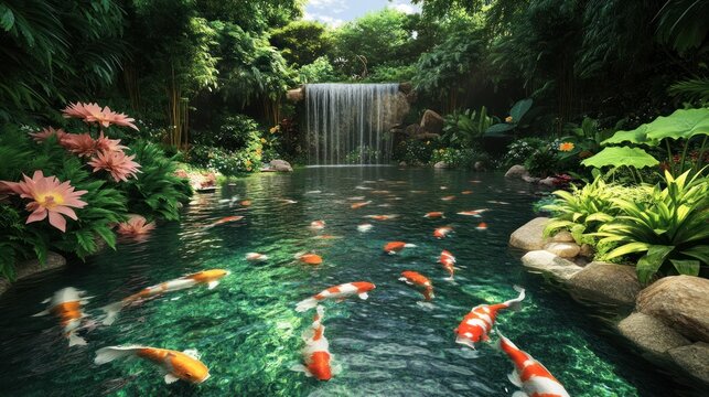 Lush tropical waterfall pond with colorful koi fish swimming in the clear water surrounded by vibrant green foliage ferns and bamboo in a serene and peaceful garden landscape