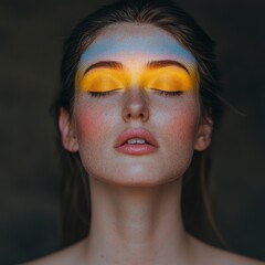Dreamy Woman Portrait  Rainbow   Yellow Makeup  Artistic Face Paint  Serene Eyes Closed
