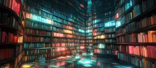 Colorful Illuminated Futuristic Academic Library Bookshelves  A surreal and imaginative 3D digital render of an abstract fantasy inspired library interior with glowing