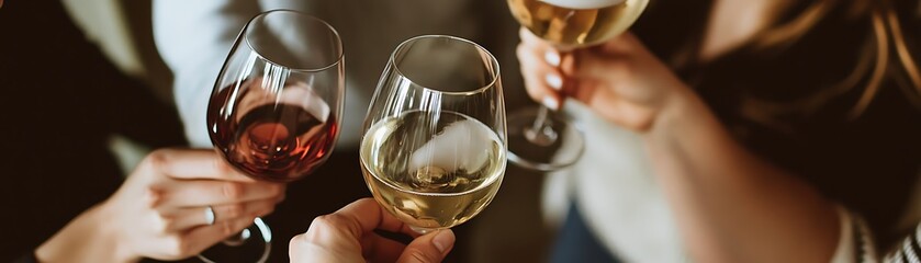 Close-up of Three Hands Holding Wine Glasses