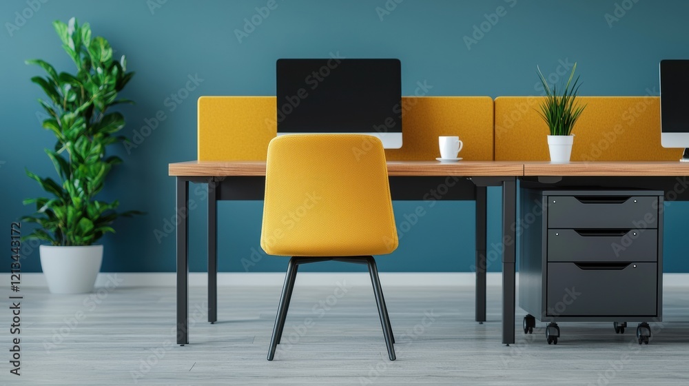 Poster modern office with yellow chair, desk and computer showing efficiency and style