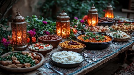 Fototapeta premium Festive Middle Eastern feast, outdoor garden setting, lanterns lit, abundant food
