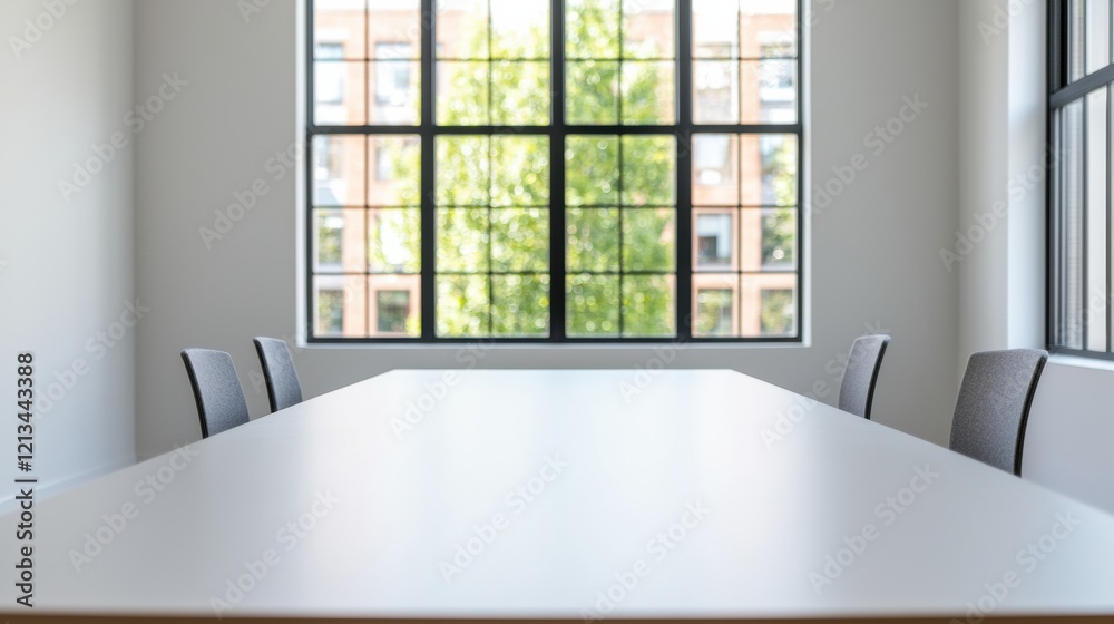 Poster Empty meeting table facing large window in a tranquil office setup