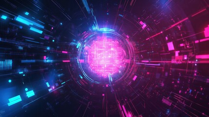 Fototapeta premium Abstract glowing pink and blue digital tunnel.