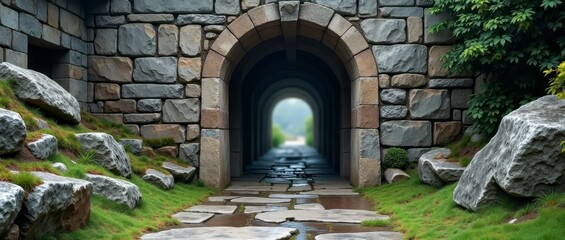An ancient stone archway leading to a serene and mystical destination