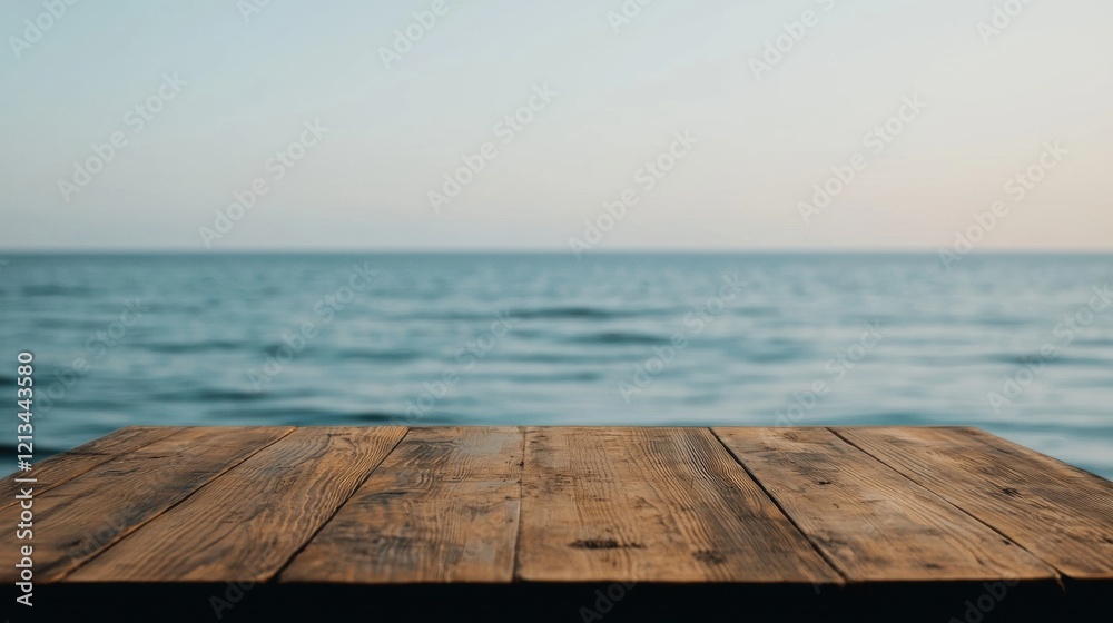 Poster empty wooden table overlooking tranquil ocean with blurred background
