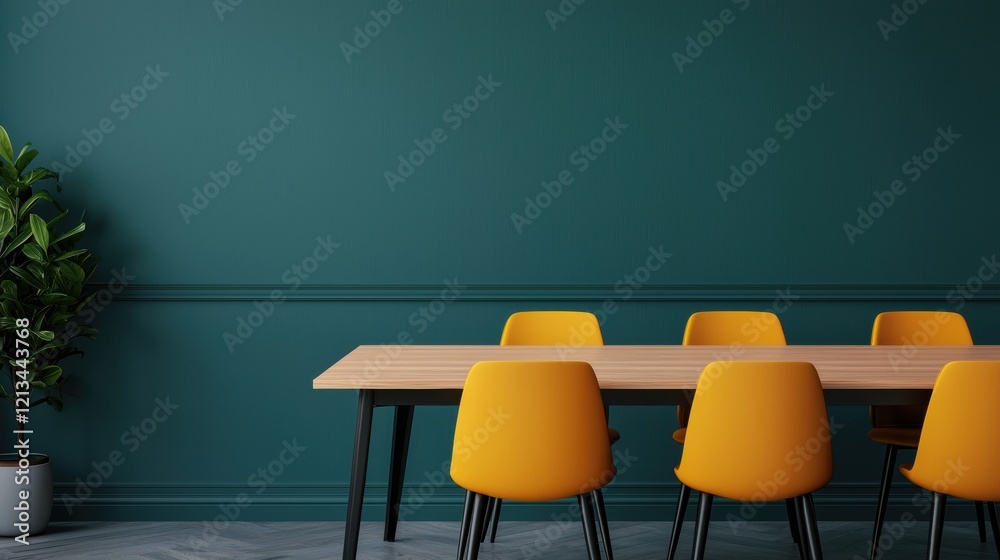 Aufkleber modern office interior with empty table and yellow chairs suggesting teamwork and collaboration