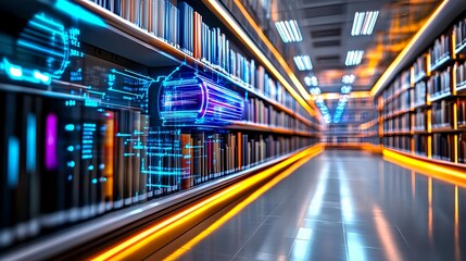 Fototapeta premium futuristic library, digital books, data flow - futuristic technology