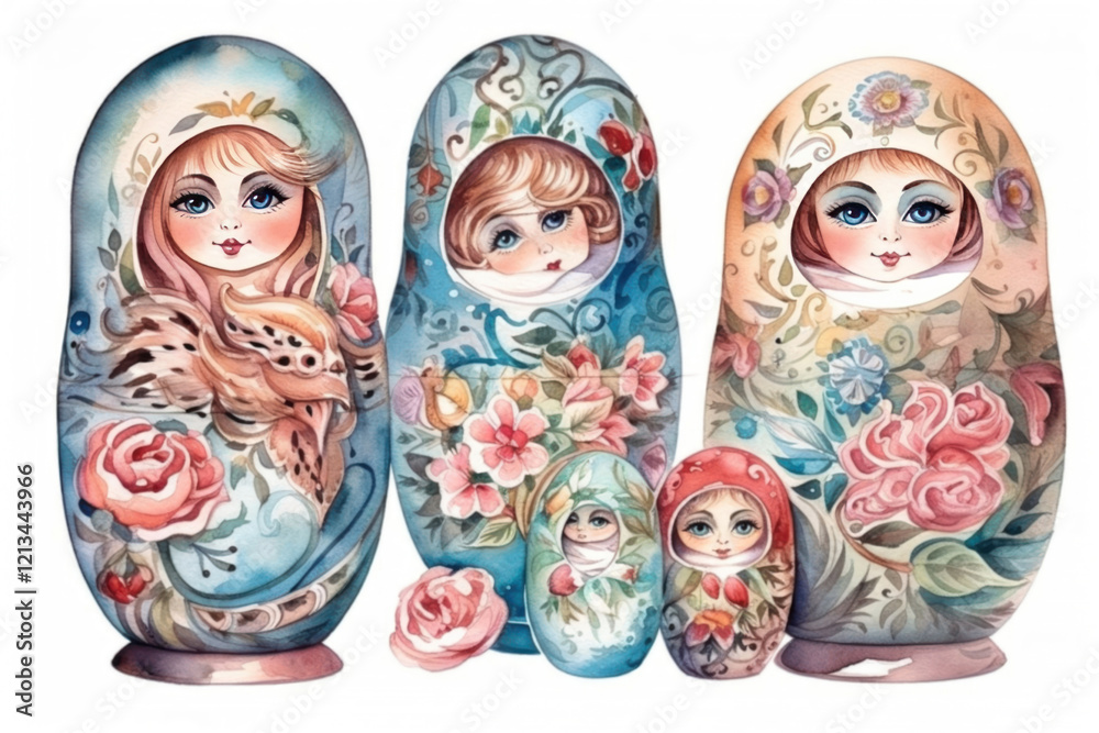 Wall mural matryoshka dolls on a white background watercolor,., watercolor style, Generative AI