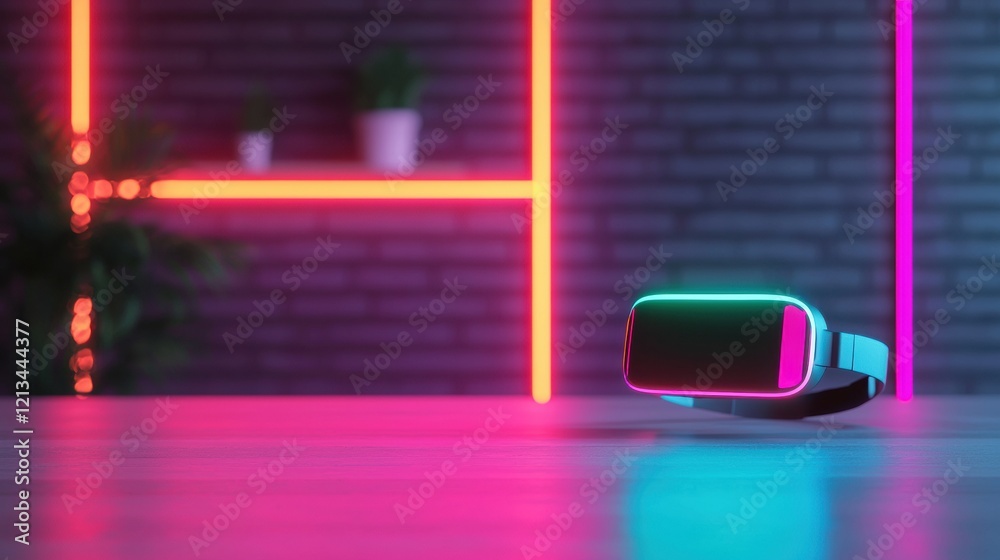Poster vr headset hovering over table in futuristic workspace with neon lights