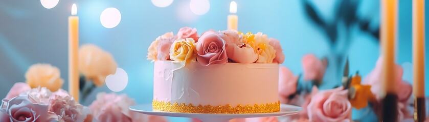 Pink Cake with Floral Decoration and Lit Candles