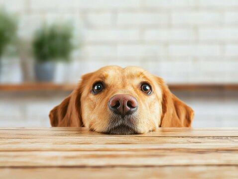 Cute dog peeking over wooden table, waiting for food