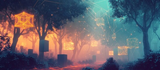 Futuristic forest path with glowing cubes and network connections.