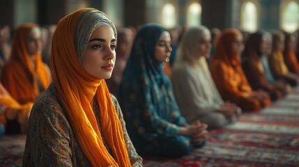 Obraz premium Mosque, Woman, Prayer, Muslim, Congregation, Faith, Hope, Worship, Serene, Islam