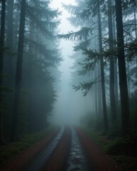 Fototapeta premium Misty Forest Pathway with Tall Trees and Ambient Fog Atmosphere