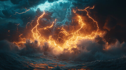 Fototapeta premium Powerful Lightning Storm with Orange and Blue Hues Over Raging Ocean Waves Creates an Abstract Scene