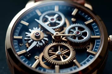 A mechanical timepiece with intricate gears and a blue face