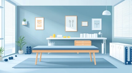 Modern minimalist physiotherapy room interior.