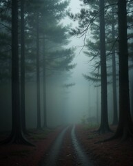 Obraz premium Misty Forest Pathway Surrounded by Tall Trees in Morning Fog