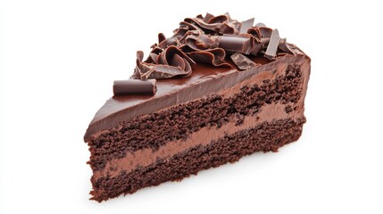 A slice of decadent chocolate cake with layers of rich ganache and chocolate curls, Each luscious layer and glossy finish captured with precision
