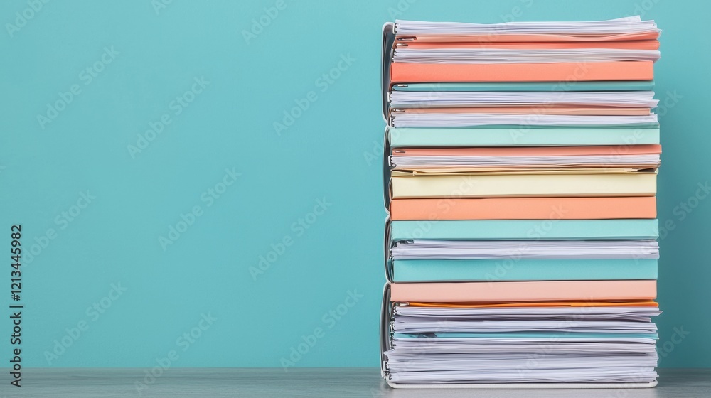 Poster Stack of colorful ring binders full of paperwork on a table with turquoise background representing organized office work