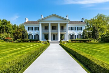 Grand white mansion with manicured lawn