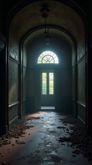Fototapeta premium A dark, eerie hallway with a broken window and scattered debris