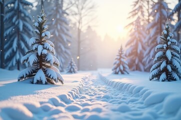 A serene winter wonderland with snow-covered trees and a gentle snowfall