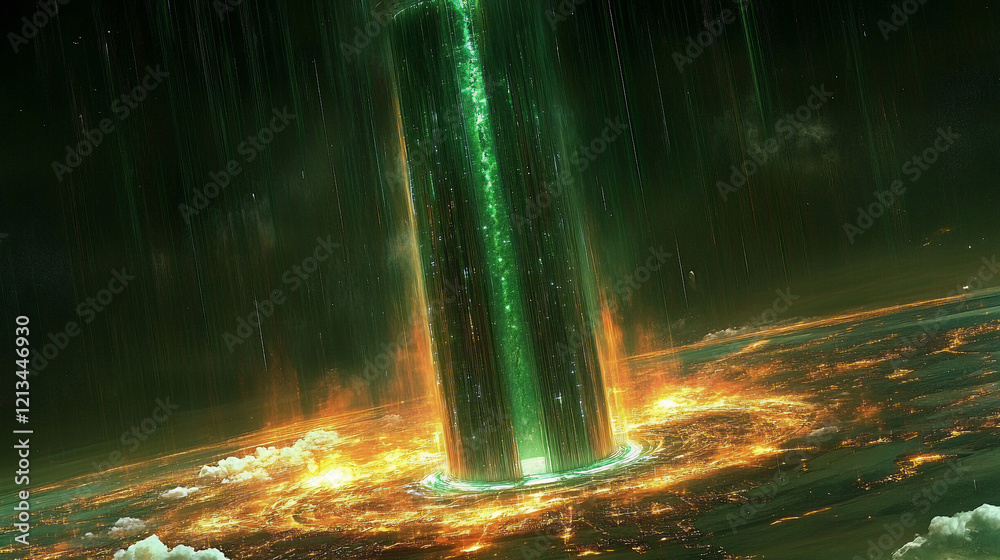 Wall mural a dynamic digital green stream resembling cascading data in a futuristic cyber-inspired atmosphere.