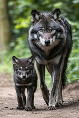 Fototapeta premium A Heartwarming Journey: A Mother Wolf and Her Adorable Baby Wolf Exploring a Dirt Path Together