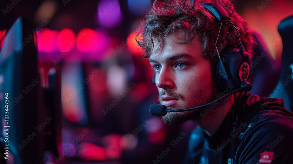 Poster an esports competitor intently focuses on the screen, wearing a headset while participating in a tou