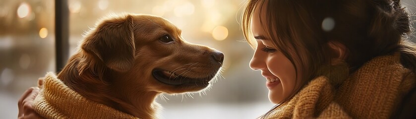 A young woman with a golden retriever, noses touching, both smiling