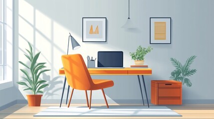 Sunlit home office with orange chair, desk, plants, and laptop.