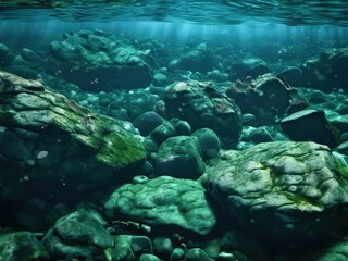 Fototapeta premium the AI Image Generator, Tranquil Underwater Scene Featuring Sunlit Rocks