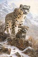 Fototapeta premium A Heartwarming Scene of a Snow Leopard Mother and Her Adorable Cub on a Rocky Mountain