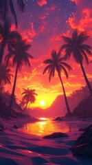 Stunning and vibrant sunset scene over a lush tropical beach landscape with swaying palm trees silhouetted against the glowing colorful sky and its reflection on the calm serene ocean waters