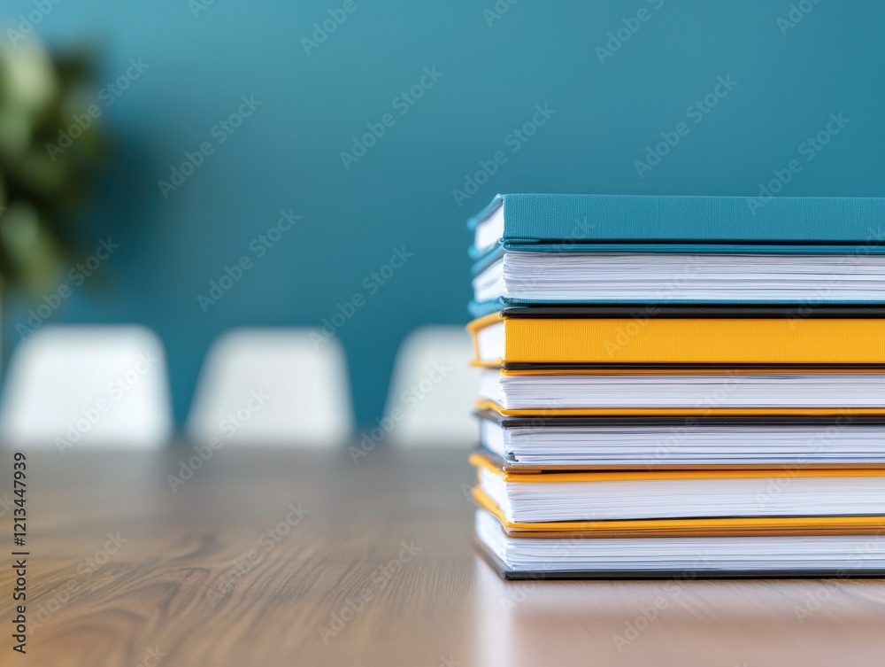Poster Stack of color-coded documents sitting on a corporate table in a tidy office setting