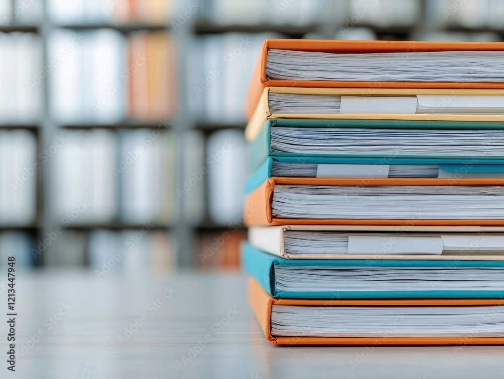 Poster Stack of color-coded folders sitting on office desk promoting efficient organization
