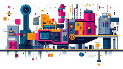 Fototapeta premium Futuristic factory with colorful machinery and technological elements.