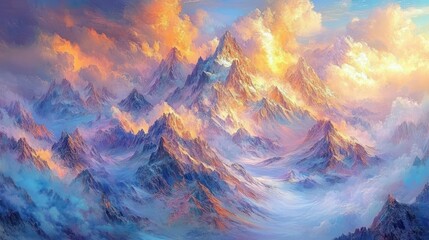 Majestic sunrise over a vast, snow-capped mountain range.