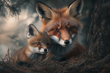 Enchanting Scene of Two Foxes in a Lush Forest, Emphasizing Mother and Baby Bonding Moments