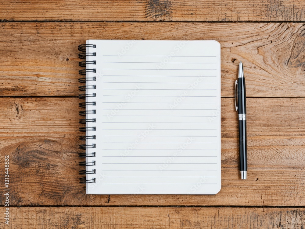Poster Open notebook with pen resting on wooden table promoting focus and productivity