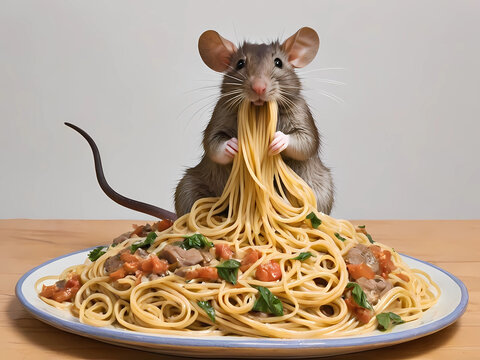 a large rat eats spaghetti while sitting on top of borat's head