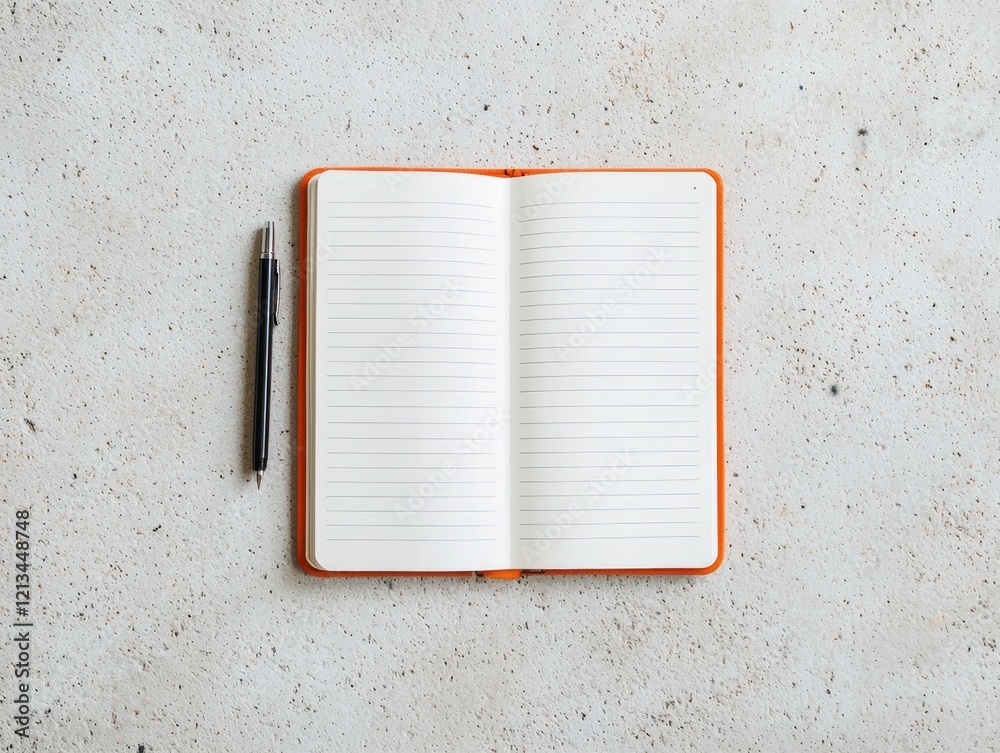 Poster open notebook with pen resting on minimalist office table promoting focus
