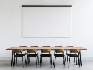 Modern conference room with blank projector screen and table with chairs