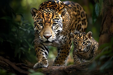 Obraz premium The Heartwarming Bond Between a Mother and Her Two Adorable Baby Cubs in Nature's Embrace