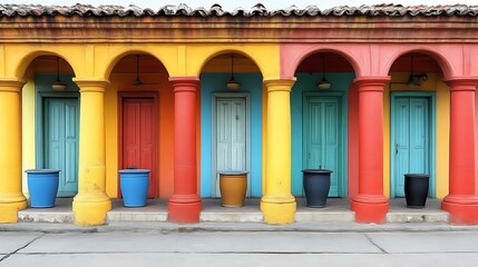 Fototapeta premium Colorful Building Facade With Archways And Doors