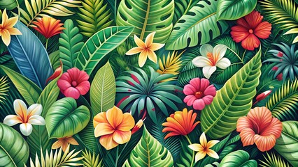 Naklejka premium tropical leaves and flowers background